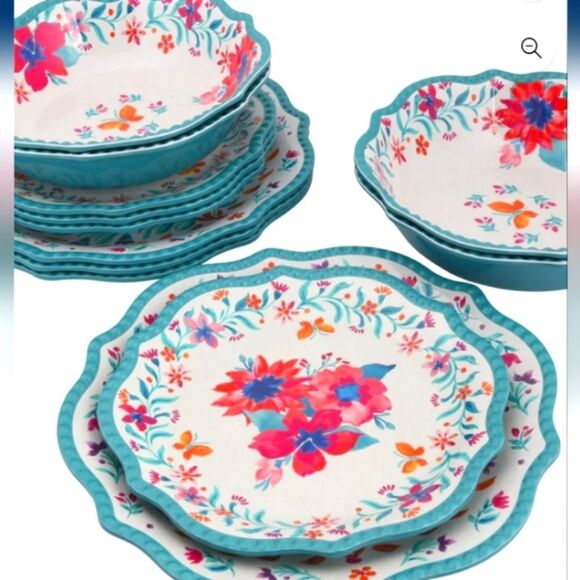 The Pioneer  Woman picnic set 12 pieces NIB melamine DW Safe 🌺🌺 Folk Geo - Picture 1 of 9